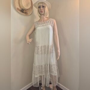 Pretty Lace Romantic Prairie Dress Midi Boho Garden Coastal Cottagecore Lt Green